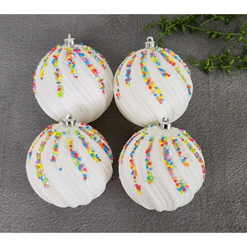 4 White Swirl Beaded Christmas Round Ball Ornaments Colorful Plastic 4" NEW